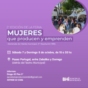 Realizarán la feria 'Mujeres que producen y emprenden' con más de 40 emprendedoras locales en Paseo Portugal (entre Zeballos y Dorrego). Acceso libre y gratuito los días 7 y 8 de 10 a 20 horas. Incluye decoración