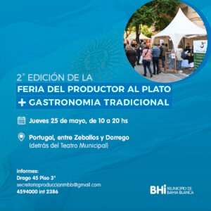 Se realiza mañana jueves 25 la Feria del Productor al Plato de 10 a 20 en Calle Portugal (entre Zeballos y Dorrego). Participan pequeños y medianos productores de alimentos y bebidas con comidas tradicionales. Promueve la producción local y kilómetro cero.