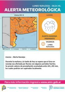Se esperan lluvias fuertes con alerta naranja en Bahía Blanca durante lunes.