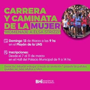 Llega la edición 2025 de la carrera y caminata de la Mujer el domingo 13 desde la Universidad Nacional del Sur. Inscripciones abiertas del 7 al 11 en el Palacio Municipal con aporte solidario de pañales.