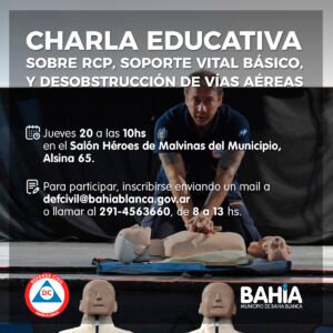 Defensa Civil ofrece encuentro educativo sobre RCP y Soporte Vital Básico el jueves 20 a las 10 hs en el Salón Héroes de Malvinas. Inscripción enviando mail o llamando al 291-4563660.