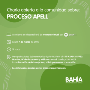 Se realizará una charla online abierta a la comunidad sobre el proceso APELL mediante Zoom el lunes a las 11 hs. Los interesados deben inscribirse enviando nombre