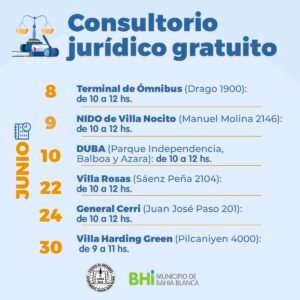 El Consultorio Jurídico Gratuito ofrece asesoramiento legal sin costo en General Cerri (Juan José Paso 201) y Villa Harding Green (Pilcaniyén 4000)