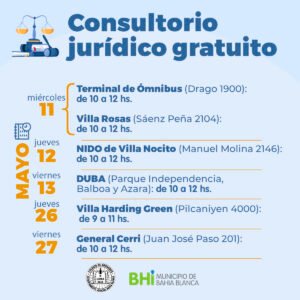 El municipio ofrece consultorio jurídico gratuito en Villa Harding Green (jueves 9-11) y General Cerri (viernes 10-12) para brindar asesoramiento legal a los vecinos.