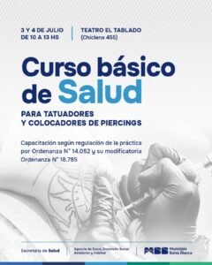 Curso gratuito de salud para tatuadores y colocadores de piercings los 3 y 4 de julio.