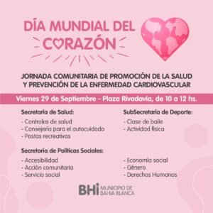 Se realizará una jornada comunitaria de promoción de la salud en Plaza Rivadavia para conmemorar el Día Mundial del Corazón. Habrá controles de salud