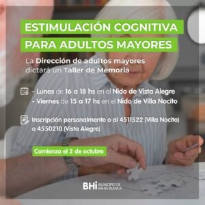 El municipio ofrece estimulación cognitiva para adultos mayores en NIDO Vista Alegre (lunes 16-18) y NIDO Villa Nocito (jueves 15-17)