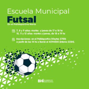 El Polideportivo Norte ofrece clases de Futsal para niños y niñas de 7 a 12 años los martes y jueves en dos turnos: 17-18h (7-9 años) y 18-19h (10-12 años). Inscripción presencial en Vieytes 2700 a partir de las 14h o por teléfono 4594000 interno 2284.