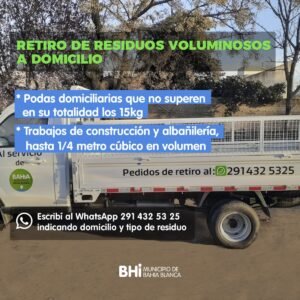 El municipio ofrece recolección gratuita de pequeñas podas y escombros de albañilería en cinco zonas. Solicita el servicio por WhatsApp al 291-432-5325 indicando domicilio y tipo de residuo.