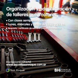La Escuela Municipal San Roque ofrece cursos de formación profesional en modalidades presencial y semipresencial. Disponibles: Organización de Talleres Automotores