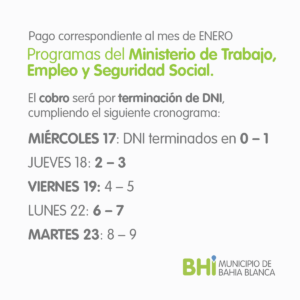 Se concretará esta semana la liquidación de enero 2022 de los programas del Ministerio de Trabajo. El cronograma de pago está distribuido por terminación de DNI del lunes 20 al viernes 21 de enero.