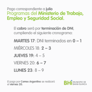 El Ministerio de Trabajo publica el cronograma de pago de sus programas sociales distribuido por terminación de DNI entre hoy y el 23 de agosto