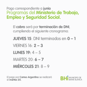 Se anuncia el cronograma de pago de programas del Ministerio de Trabajo distribuido por terminación de DNI entre hoy y el miércoles 21. El pago por Correo Argentino para todas las terminaciones será el martes 20.