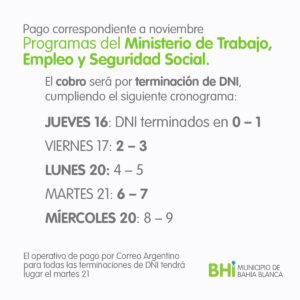 Se informa el cronograma de pago de programas del Ministerio de Trabajo con terminaciones asignadas del 17 al 22 de marzo