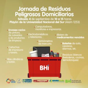 El Municipio organiza una jornada de recolección de residuos peligrosos domiciliarios el sábado 4 de septiembre en la UNS para dar destino seguro a electrodomésticos