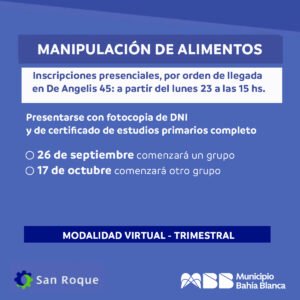Curso trimestral virtual de Manipulación de Alimentos con inscripción abierta 23 de septiembre en Escuela San Roque.