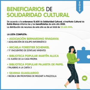 El Instituto Cultural informa los beneficiarios de la Ordenanza N° 12.600 Solidaridad Cultural 2023. Se distribuirán $3.633.000 entre 14 proyectos que incluyen educación artística