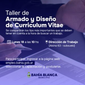 El área comunal de Empleo organiza dos talleres gratuitos: Armado y diseño de Curriculum Vitae (lunes 18) y Entrevista laboral (martes 19)