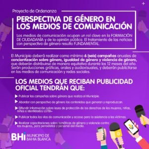 Bahía Blanca presenta ordenanza para incorporar perspectiva de género en medios que reciban pauta oficial municipal.