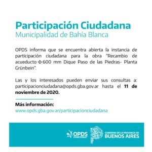 OPDS abre participación ciudadana hasta el 11 de noviembre para obra de acueducto en Dique Paso de las Piedras.