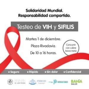 Testeo gratuito de VIH y Sífilis mañana en plaza Rivadavia de 10 a 16.