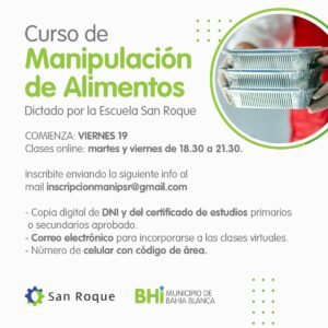 La Escuela Municipal San Roque ofrece un curso online y gratuito sobre manipulación de alimentos a partir del 19 de marzo