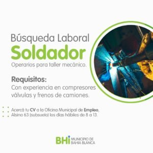 La Dirección de Empleo continúa con la convocatoria para soldador de taller mecánico. Se requiere experiencia en compresores