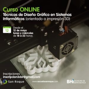 La Escuela Municipal San Roque abre inscripciones para dos programas de capacitación virtual: Auxiliar en Instituciones (martes y jueves) y Técnicas de Diseño Gráfico en Sistemas Informáticos para impresión 3D (lunes y miércoles). Cupos limitados a 30 estudiantes por curso.