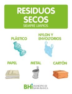 Cronograma semanal de recolección diferenciada de residuos secos por barrios. Los recorridos comienzan a las 14. Se requiere marcar las bolsas con el cartel SECOS. Incluye guía de qué se puede reciclar: plásticos