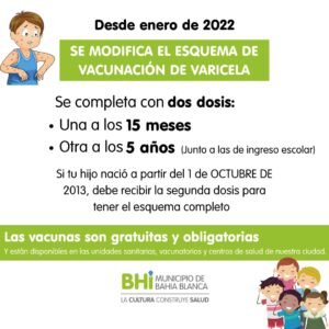 El esquema de vacunación contra la varicela cambia a dos dosis: a los 15 meses y a los 5 años. Niños nacidos desde el 1 de octubre de 2013 deben completar la segunda dosis. Las vacunas son gratuitas y obligatorias.