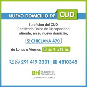 La oficina del CUD (Certificado Único de Discapacidad) atiende en Chiclana 470 de lunes a viernes de 9 a 13 hs. Consultas por teléfono 4810345 o WhatsApp 2914193331.
