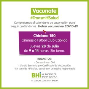 Se realizarán jornadas de vacunación sin turno previo los días 28