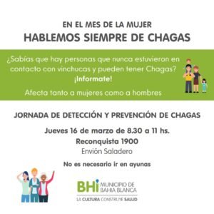 La Secretaría de Salud realiza una jornada de detección y prevención de Chagas en Ingeniero White (Reconquista 1900) el jueves de 8:30 a 11:00. No es necesario ayunar.