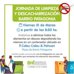 Mañana desde las 8:30 hs se realizará jornada de limpieza y descacharrización en plaza Caleu Caleu y Pehuen (barrio Patagonia). Se instalará contenedor para desechar recipientes en desuso que acumulen agua. Se ofrece servicio de recolección a domicilio. Iniciativa de prevención contra dengue