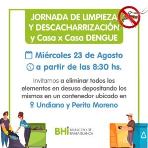 La Secretaría de Salud y Gestión Ambiental llevarán a cabo tareas de control de criaderos y descacharrización en Más Barrios el miércoles 23. Se habilitará un contenedor especial en Perito Moreno y Undiano para recipientes en desuso.
