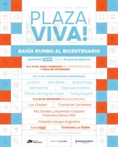 Bahía Blanca celebra su 196° aniversario el domingo 28 en plaza Rivadavia con artistas locales