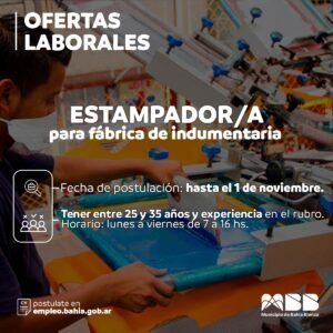 Cierran convocatorias laborales para cinco puestos en Bahía Blanca. Postulaciones hasta el 1 de noviembre.