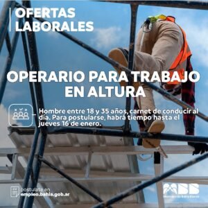 La municipalidad ofrece puestos de trabajo para operario en altura y personal de mantenimiento de seguridad vial.