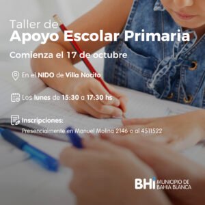 La municipalidad ofrece taller de apoyo escolar primario los lunes de 15:30 a 17:30 en el Espacio NIDO de Villa Nocito