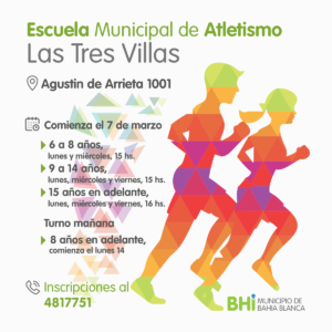 La Escuela Municipal de Atletismo reinicia clases el lunes en Las Tres Villas con turnos mañana y tarde para niños y jóvenes de 6 años en adelante. Horarios diferenciados por edades. Para inscribirse