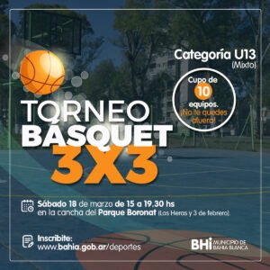 Se realizará un torneo de Básquet 3×3 mixto para categoría U13 el sábado 18 de marzo en la cancha del parque Boronat. Participarán 10 equipos en modalidad todos contra todos