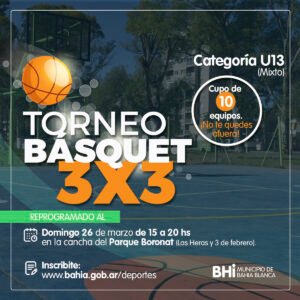 Se realizará el domingo 26 en parque Boronat un Torneo de Básquet 3×3 mixto categoría U13 desde las 15 a 20 hs. Equipos compiten en dos zonas modalidad todos contra todos. Inscripción online en www.bahia.gob.ar/deportes/torneo-basquet-3×3-mixto/