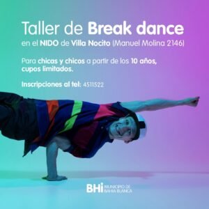 Se dicta taller de break dance todos los jueves en el Espacio NIDO de Villa Nocito (Manuel Molina 2146). Destinado a menores a partir de 10 años con cupos limitados. Informes al 4511522.