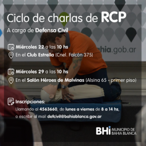 Defensa Civil organiza dos charlas gratuitas de RCP los miércoles 22 y 29 de marzo a las 10 hs en diferentes sedes. Se enseñarán técnicas básicas de Reanimación Cardio Pulmonar para responder ante paros cardiorespiratorios. Inscripción por teléfono o correo electrónico.