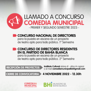 La Comedia Municipal de Bahía Blanca abre inscripciones hasta el viernes 4 de noviembre para un concurso de directores con dos convocatorias: Nacional (público infanto-juvenil