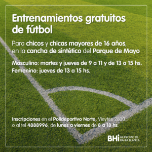 Se realizan entrenamientos gratuitos de fútbol en la cancha sintética del parque de Mayo para chicos y chicas mayores de 16 años. Clases martes y jueves (masculino) y jueves (femenino). Inscripción en Polideportivo Norte