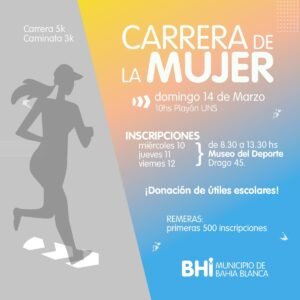 Se abrieron inscripciones para la Carrera Homenaje a las Mujeres que se realizará el domingo en el parque de Mayo. Incluye competencia de 5K y caminata de 3K. Las primeras 500 inscriptas recibirán remera y barbijo. Se solicita donación de útiles escolares.