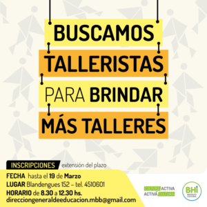 Vence mañana el plazo para inscribirse como tallerista en programas municipales de educación artística y capacitación. Se buscan adultos mayores de 18 años con disponibilidad horaria y conocimientos comprobables.