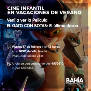 El NIDO Villa Nocito proyectará mañana a las 15 hs la película infantil 'El Gato con Botas: El último deseo'. Cupos limitados con inscripción previa.