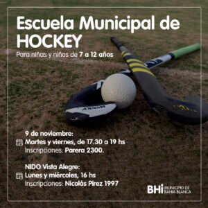 La municipalidad ofrece escuela de hockey para menores de 7 a 12 años en dos sedes: 9 de Noviembre (martes y viernes 17:30 h) y NIDO Vista Alegre (lunes y miércoles 16 h). Inscripciones en ambas ubicaciones.